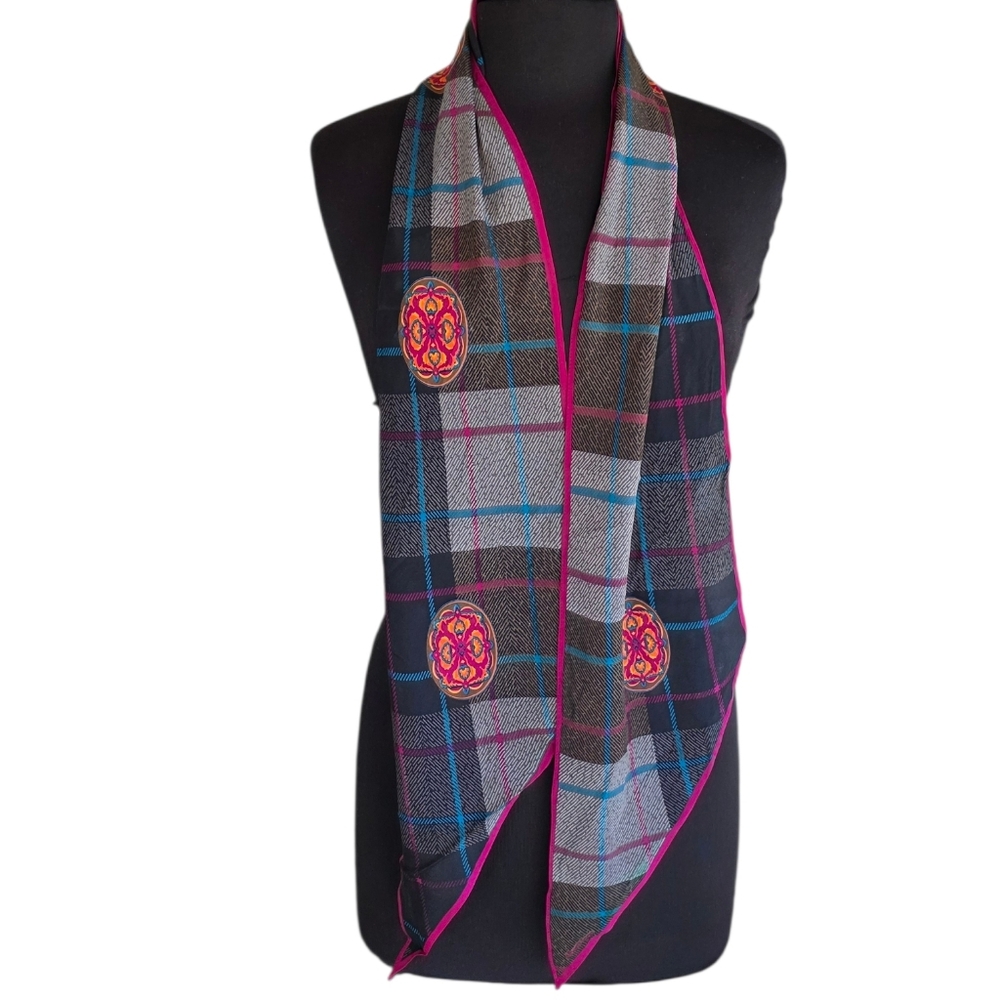 Vintage Silk Albert Nipon Plaid Scarf with Pink and Blue Accents Retro Boho